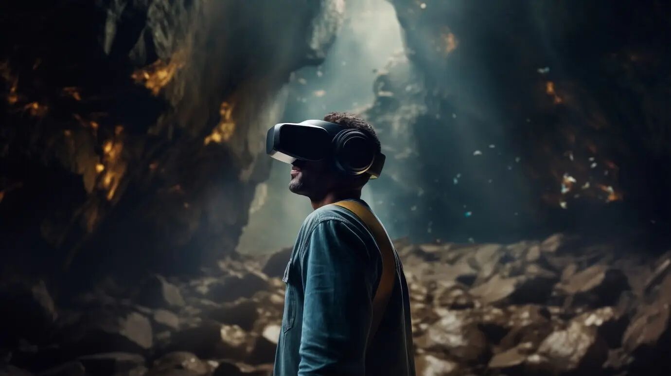 Person mit VR-Brille, die das Metaverse erlebt